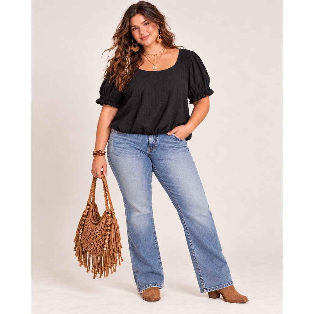 Torrid Black Seersucker Puff Sleeve Square Neck Blouson Boho Top Size 2 Plus